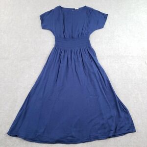 Faherty Dress Womens Small Blue Organic Cotton Smocked Waist Maxi‎ Pockets